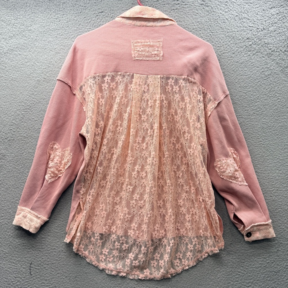 POL Patchwork Lace Dusty Pink Button Up Shirt Top Floral Oversized Boho Size S - Picture 5 of 13